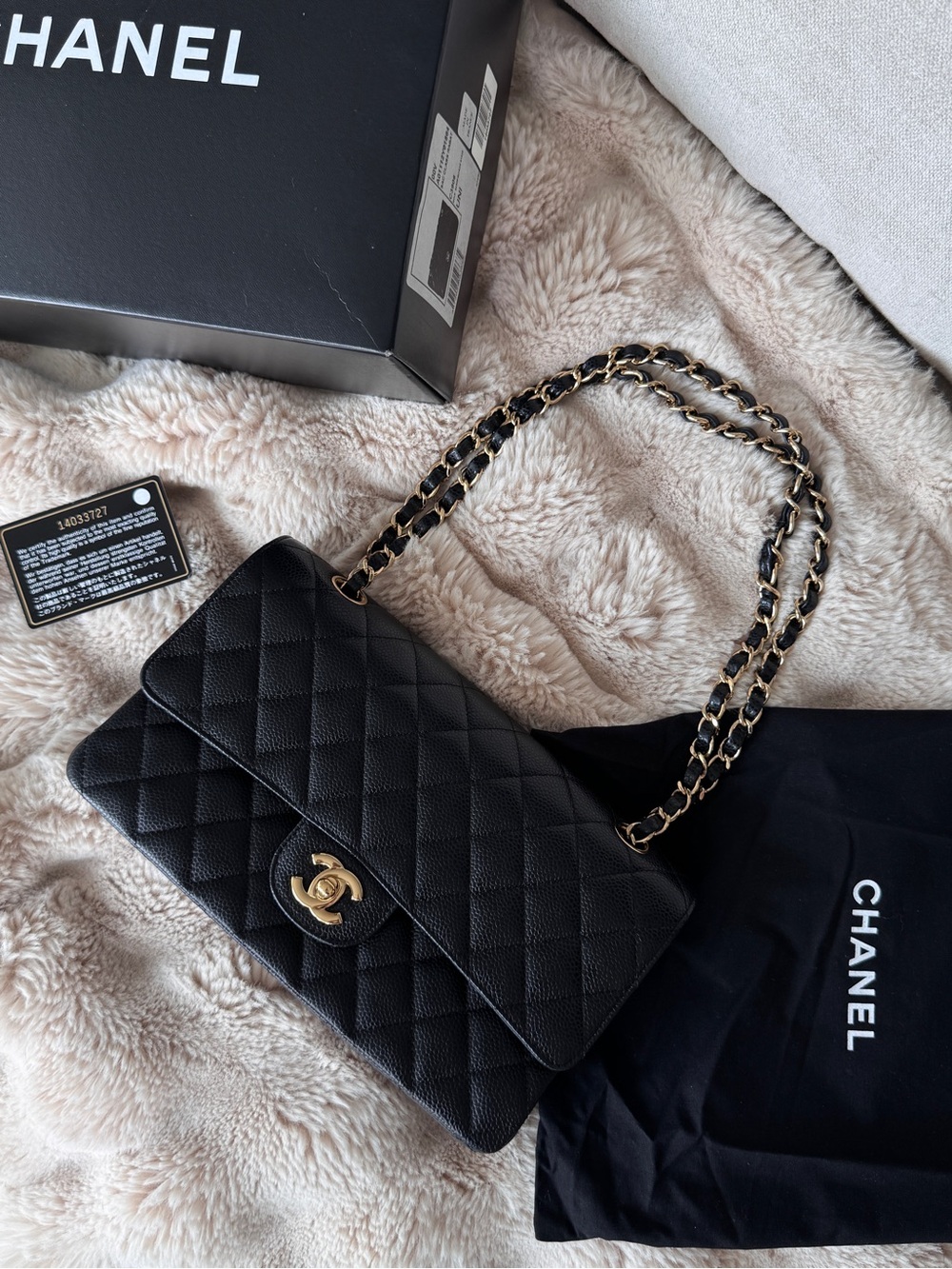 Chanel medium classic double flap bag black gold hardware pristine condition